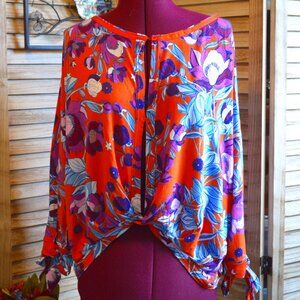 NWT Free People S Orange Floral Knotted Front 3/4 Dolman Sleeves Keepin' On